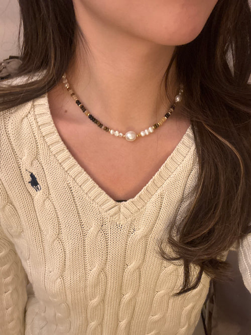 Pearl & Tiger’s Eye Gemstone Choker Necklace